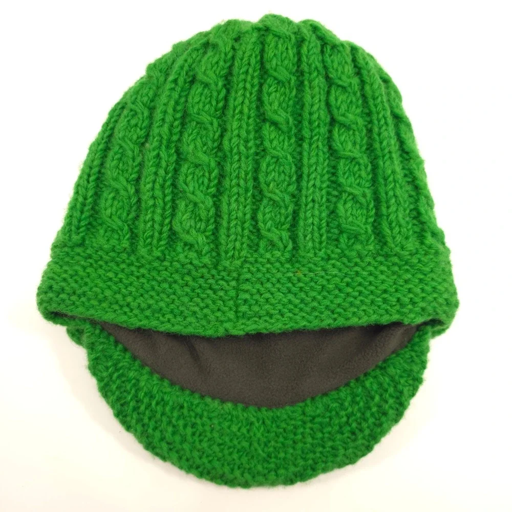 McRon Womens Visor Beanie Hat One Size Green Wool Cable Knit Fleece‎ Lined Nepal